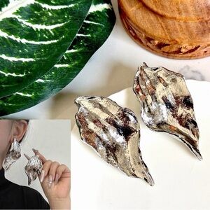 2/$30🌵 Large Silver Leaf Metal Earrings Statement Tree Nature Boho Jewelry NEW